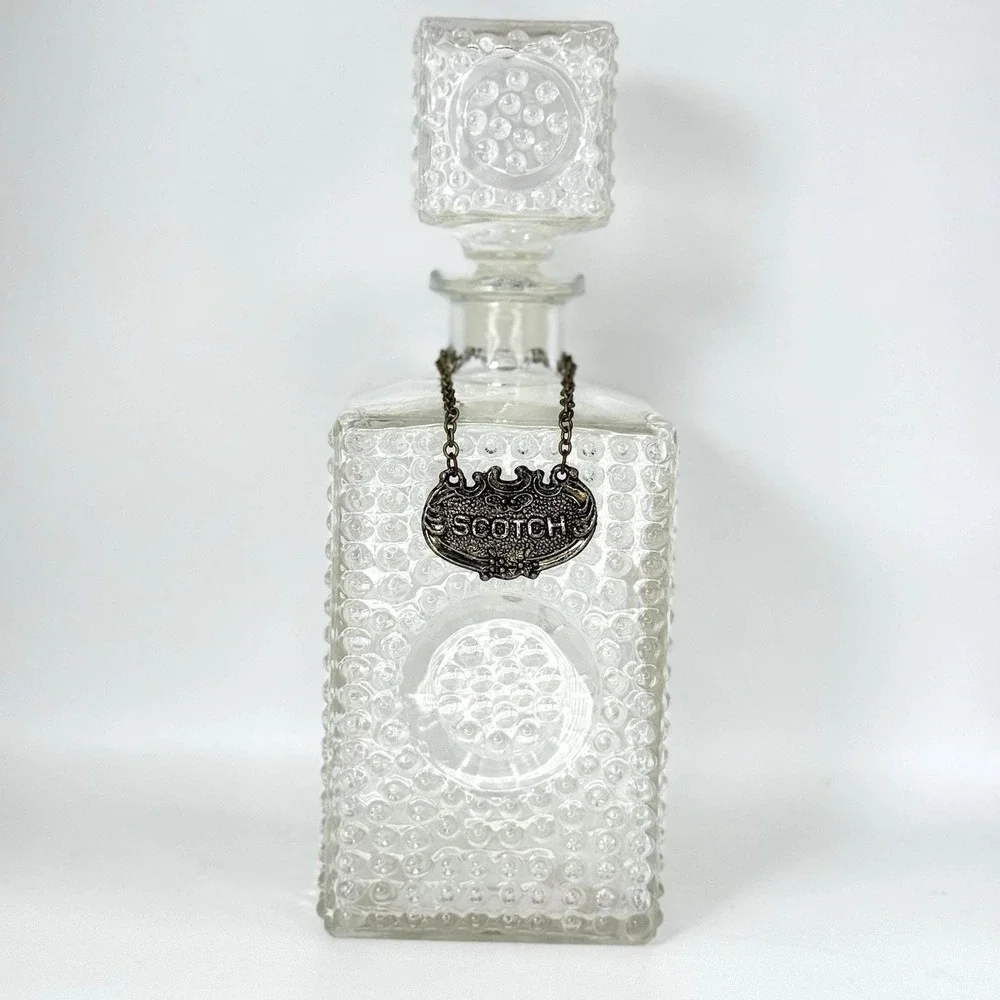 VTG Hobnail Glass Liquor Decanter w/ Stopper + Scotch & Gin Tags Barware Display